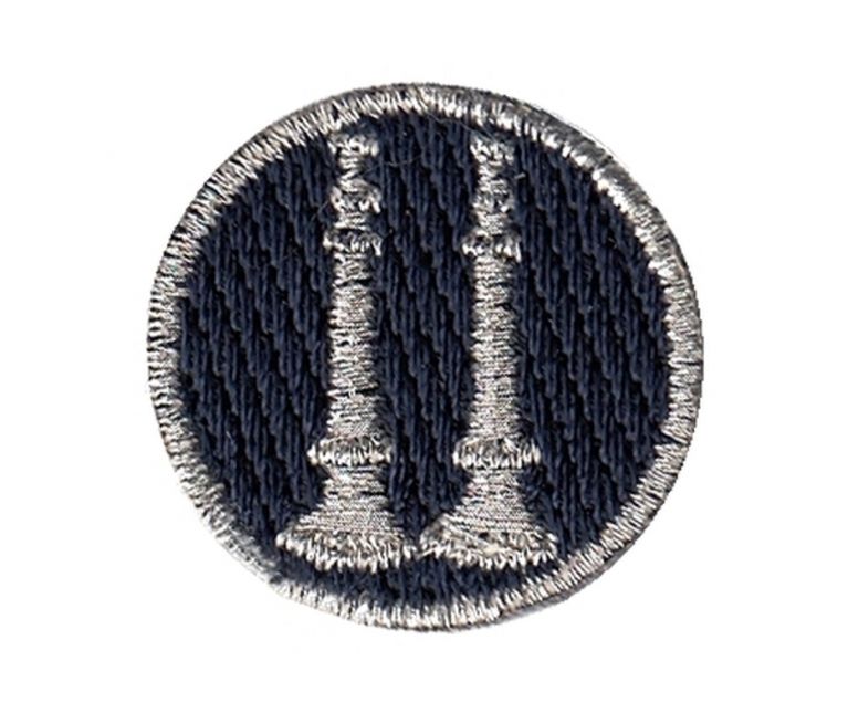 FIRE FIGHTER 2 BUGLES PARALLEL, 1" CIRCLE - METALLIC GOLD ON MIDNIGHT NAVY - SEW ON.